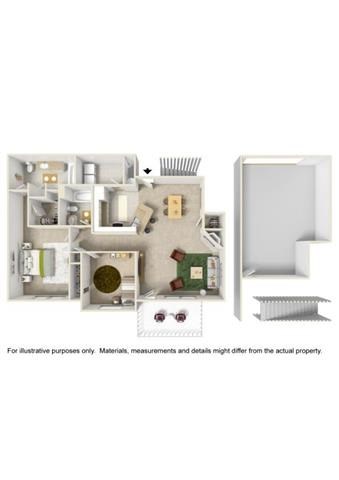 A diagram of a house with a kitchen, living room, and bathroom.